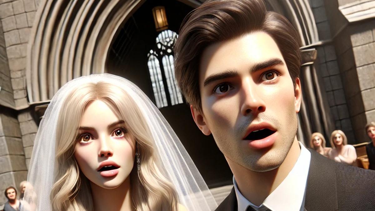 Recreación de la posible reacción de los novios al ver a su invitada a la salida de la iglesia