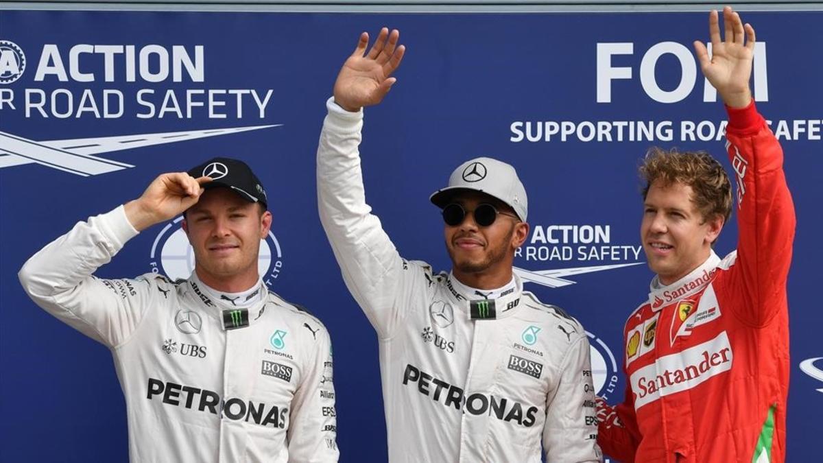 Nico Rosberg, Lewis Hamilton y Sebastian Vettel, hoy en Monza.