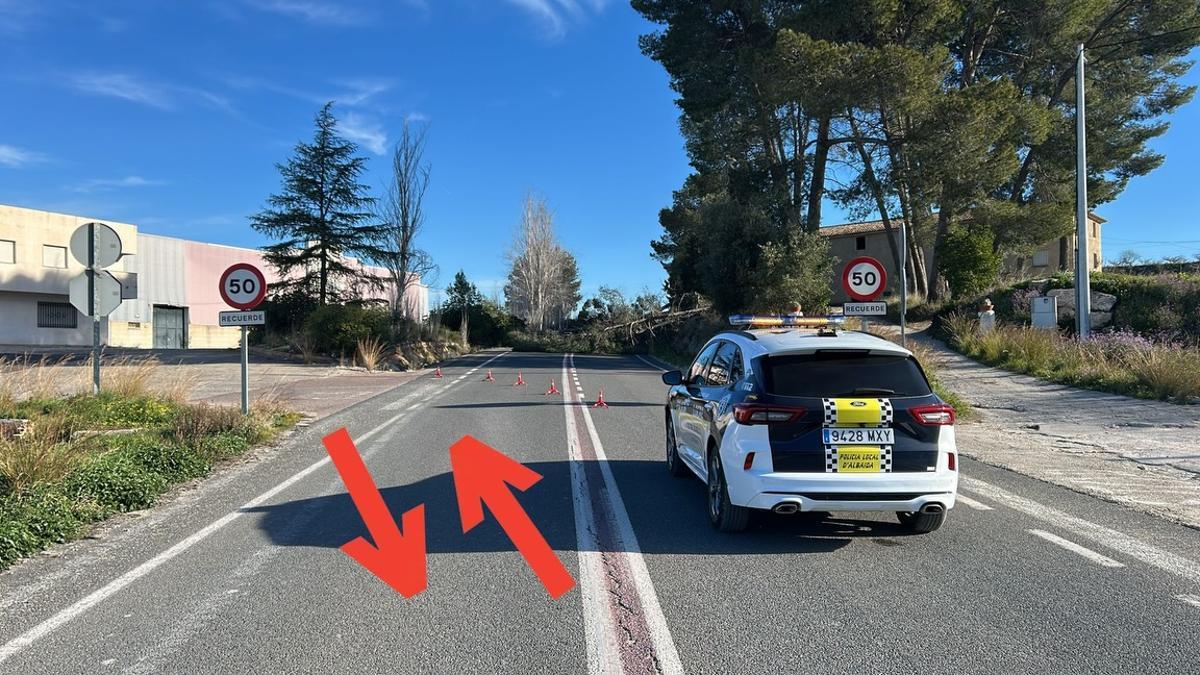 Un vehículo de la Policía Local de Albaida controlando el tráfico en la carretera, con el pino caído al fondo.