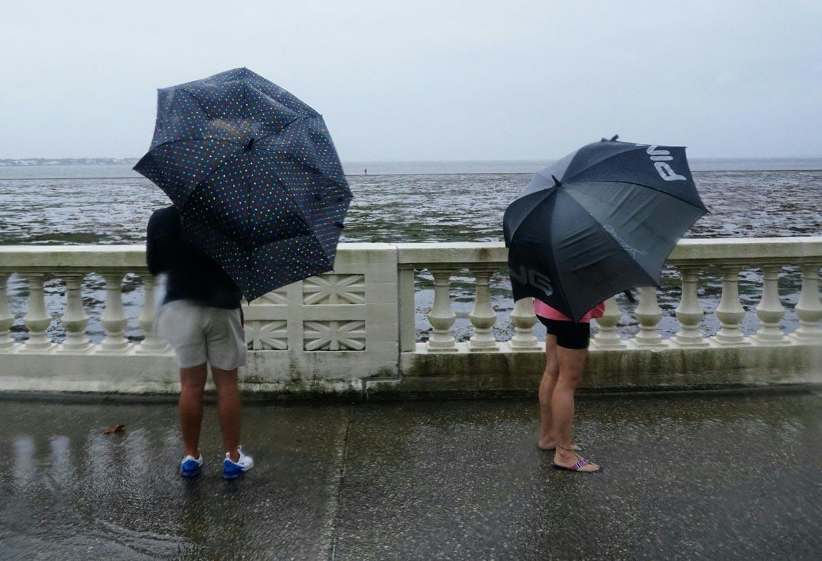 Gente en Bayshore Boulevard, mientras observan como retrocede la marea , en Tampa Bay, Florida.