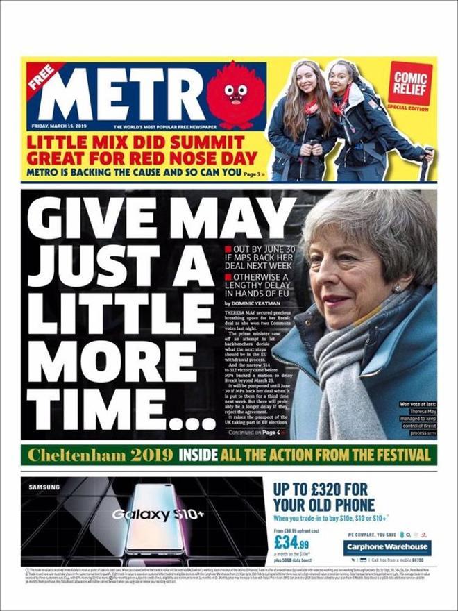 Portada de Metro Daily Star del 15 de marzo de 2019