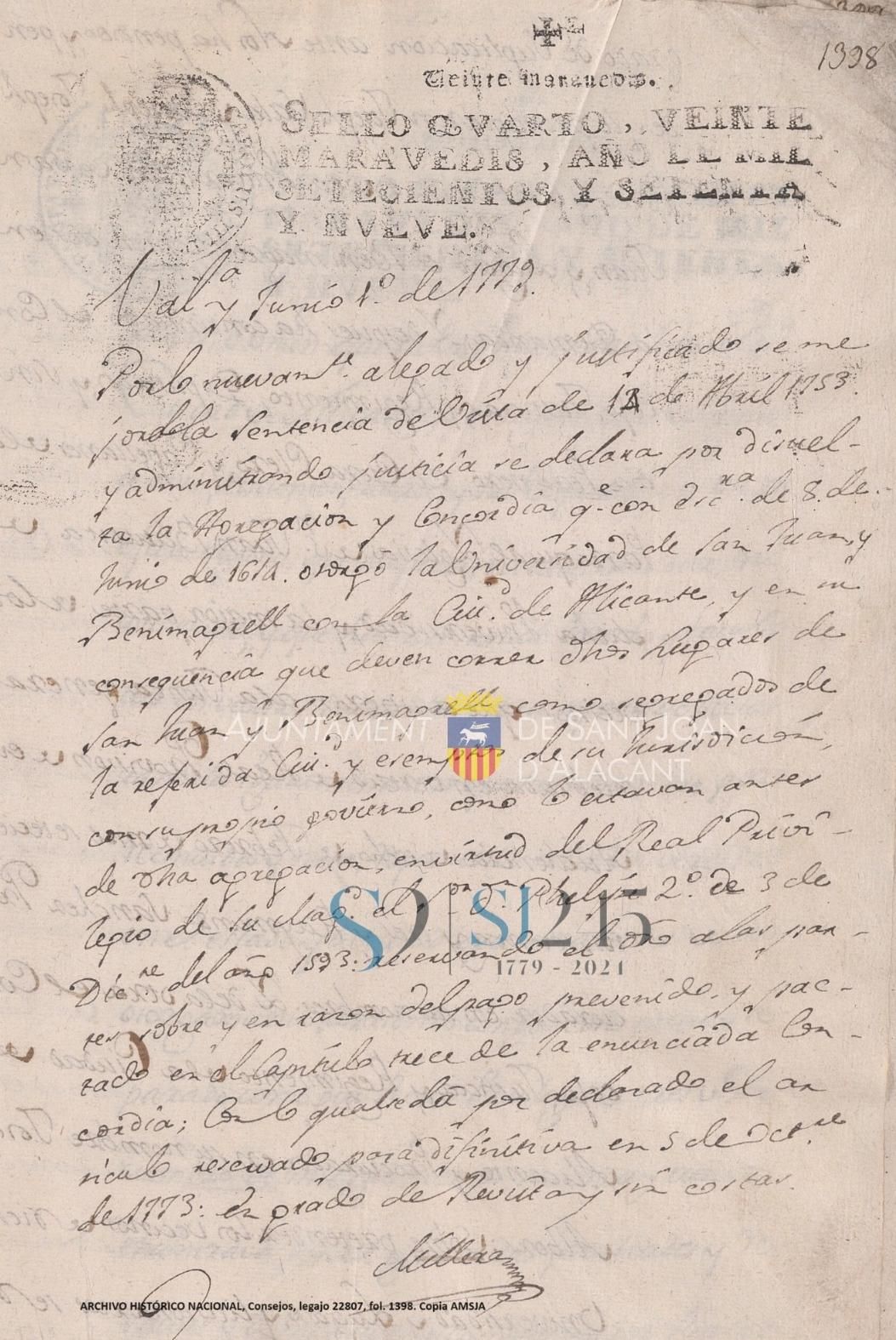 Copia facsímil adquirida por el Archivo Municipal de Sant Joan del documento conservado en el Archivo Histórico Nacional que confirma la segregación de Sant Joan d’Alacant el 1 de junio de 1779.
