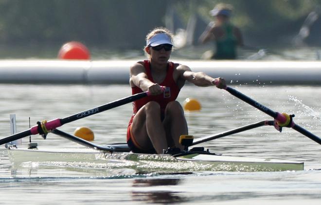 Virginia Diaz Rivas of Spain compite en la Seminfinal A/B 1 de remo en loa Juegos Olímpicos París 2024
