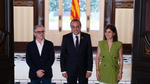 El president dERC al Parlament, Josep Maria Jové, i la portaveu del partit a lhemicicle, Marta Vilalta (d), amb el president de la cambra catalana, Josep Rull (c)
