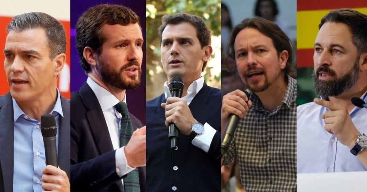 02/11/2019 Imagen de los cinco candidatos nacionales al 10N: Pedro SÃ¡nchez (PSOE), Pablo Casado (PP), Albert Rivera (Cs), Pablo Iglesias (Unidas Podemos) y Santiago Abascal (Vox)