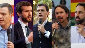 Imagen de los cinco candidatos nacionales al 10N: Pedro Sánchez (PSOE), Pablo Casado (PP), Albert Rivera (Cs), Pablo Iglesias (Unidas Podemos) y Santiago Abascal (Vox).
