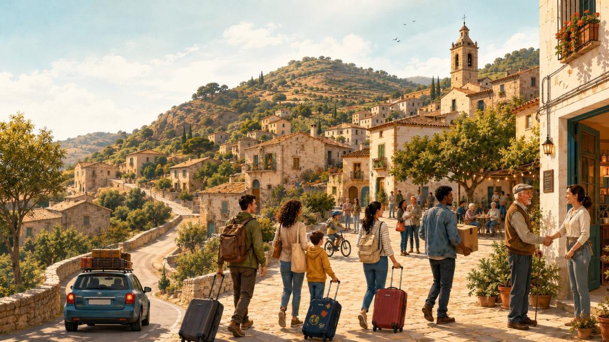 Personas llegando a un pueblo (imagen creada con inteligencia artificial).