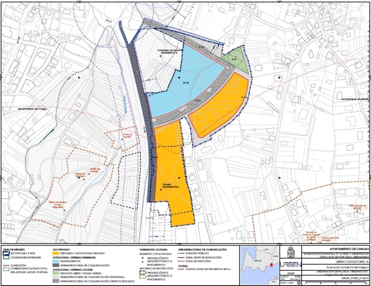 Plano con la distribución del ámbito de la modificación, junto a la PO-554, entre las rotondas del Gordo y de A Rúa.