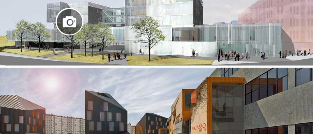 Arriba, diseño de Irisarri+Piñera para el edificio judicial. Abajo, la propuesta para revitalizar La Artística.