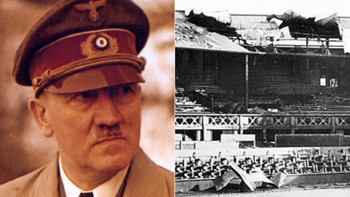 Adolf Hitler, junto a una imagen de los daños en la pista central de Wimbledon por el bombardeo nazi