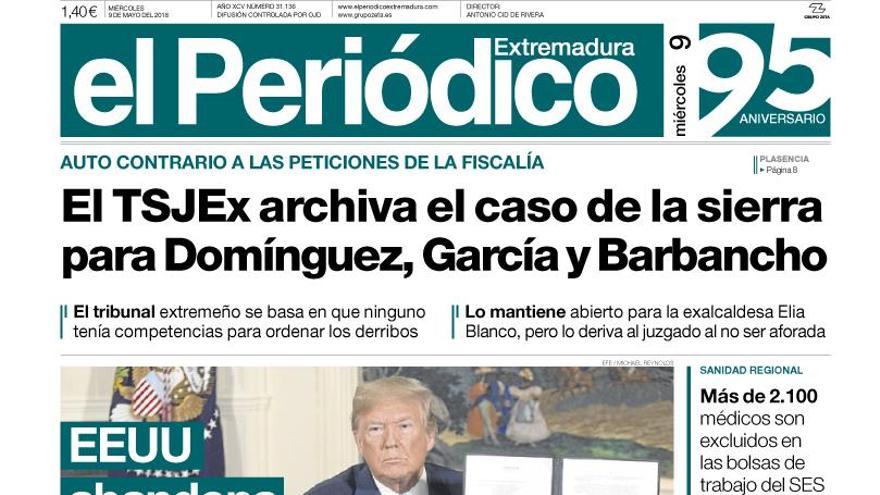 Esta es la portada de EL PERIÓDICO EXTREMADURA correspondiente al día 9 de mayo del 2018