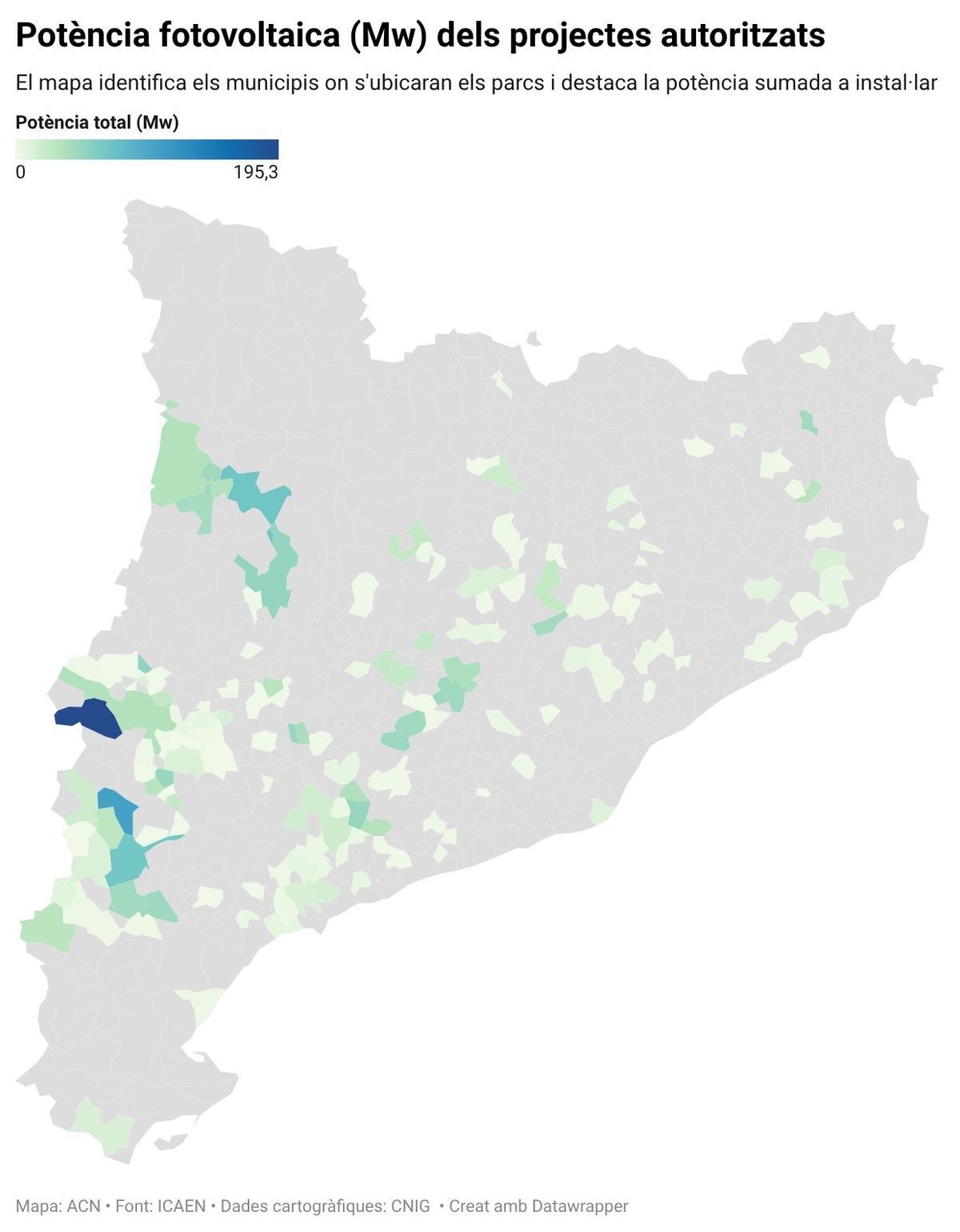 Mapa dels municipis on la Generalitat ha autoritzat nous parcs fotovoltaics. La intensitat del color indica la potència (Mw) que sumen els projectes
