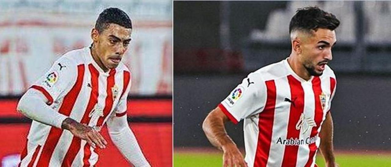 Samu Costa y Morlanes, actuales jugadores del Almería, conducen el esférico durante un partido de esta temporada.