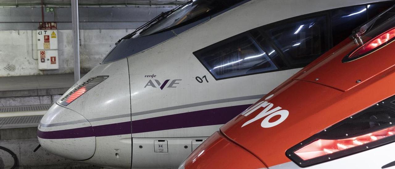 Un AVE y un Iryo, uno al lado del otro, en los andenes de la estación de Sants con destino a Madrid, el martes.