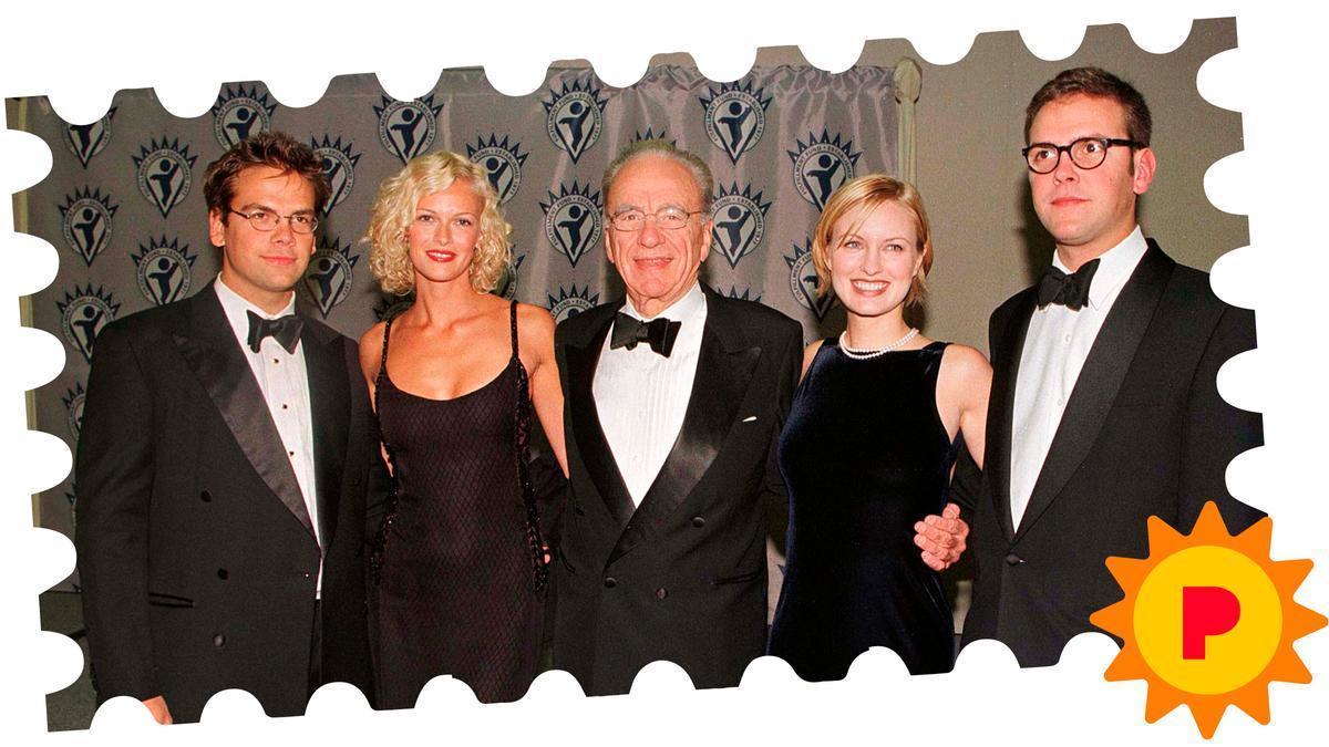 El magnate Rupert Murdoch con sus hijos, en un retrato de 2001: Lachlan Murdoch, su esposa Sarah O'Hare, Rupert Murdoch, Kathryn Hufschmid y James Murdoch.