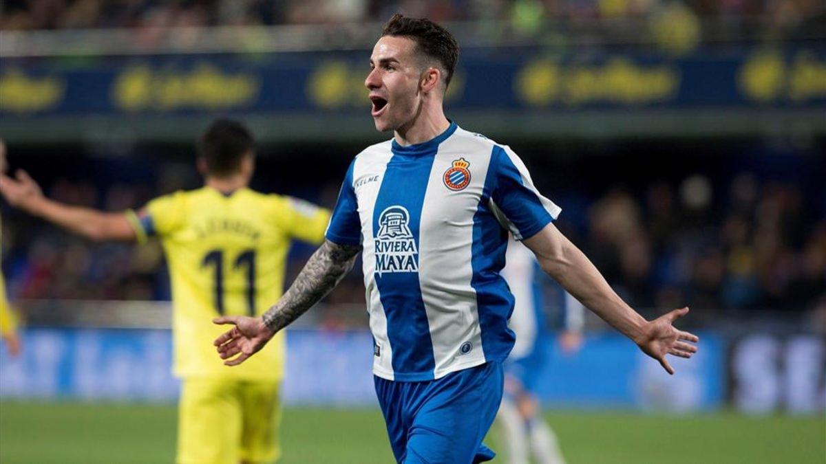 López celebra su único gol con el Espanyol la temporada pasada