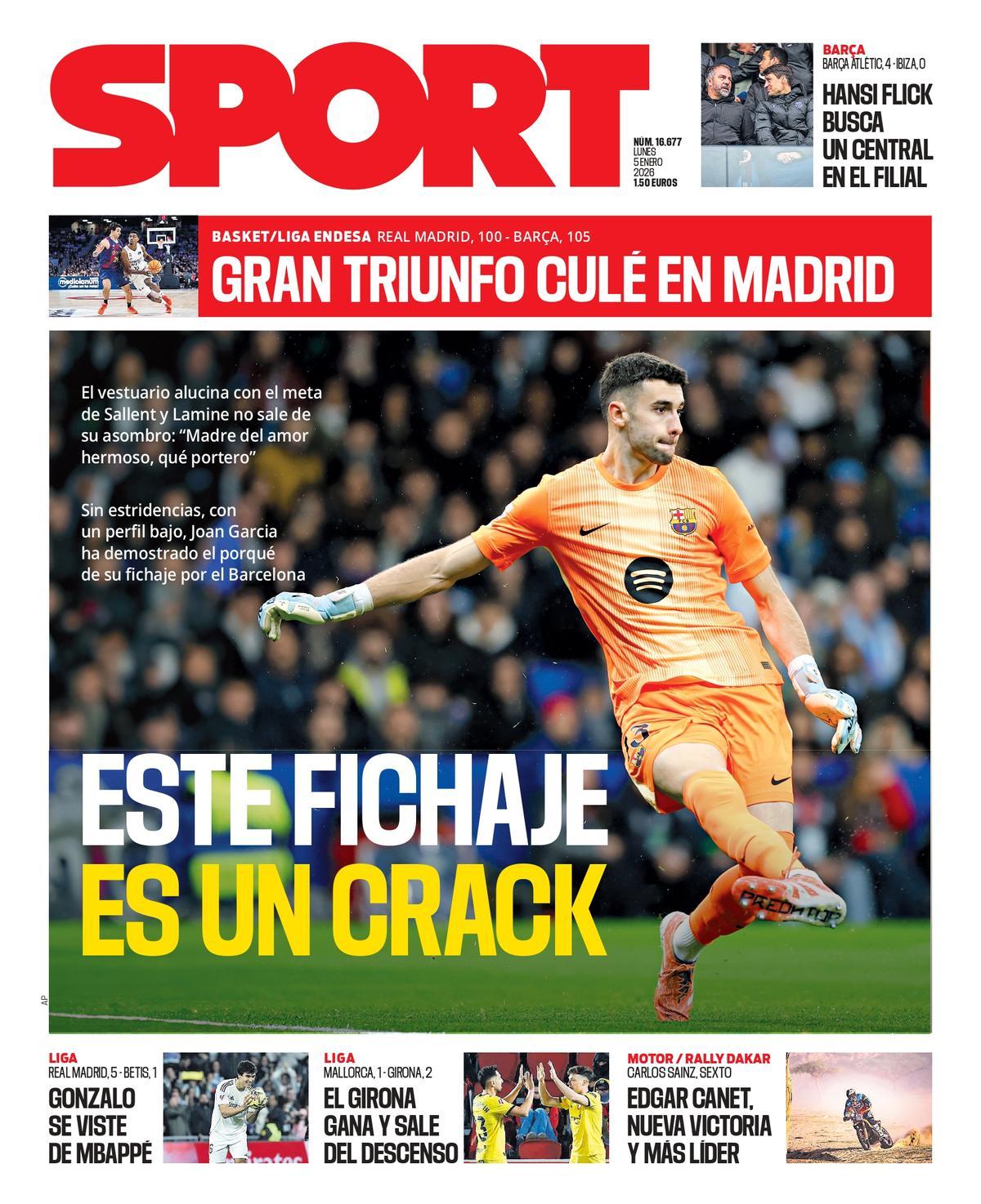 Esta es la portada de SPORT de hoy, lunes 5 de enero