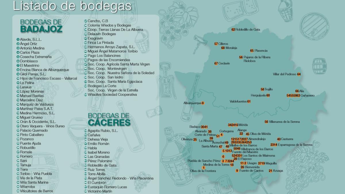 Mapa de las bodegas de la Guía de los Vinos de Extremadura