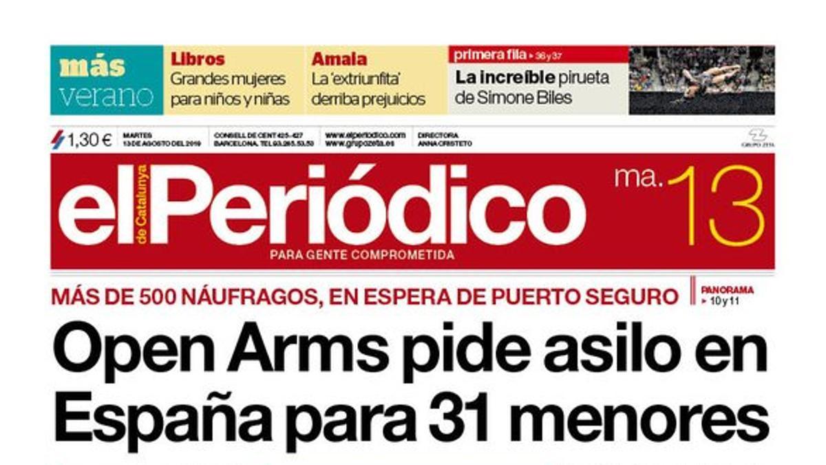 La portada de EL PERIÓDICO del 13 de agosto del 2019