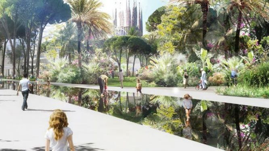 Diseño originalmente previsto para la fuente 'Mirall d'Aigua' de Glòries, recreación virtual de 2015