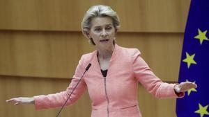 La presidenta de la Comisión Europea, Ursula Von der Leyen, en el debate sobre el Estado de la Unión en el Parlamento Europeo.