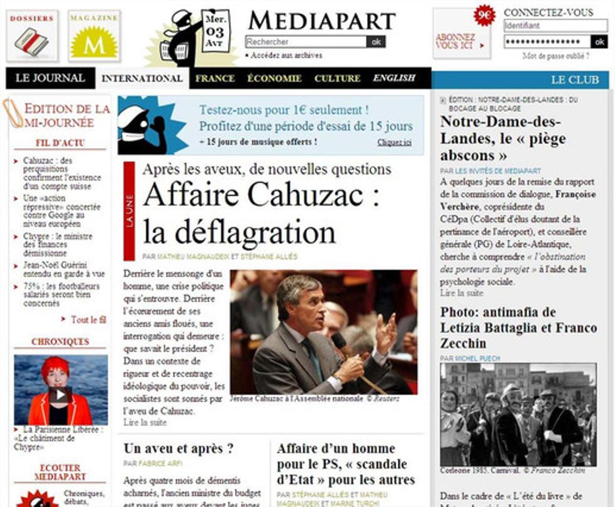 Imegen de la portada web del diari digital francès ’Mediapart’.