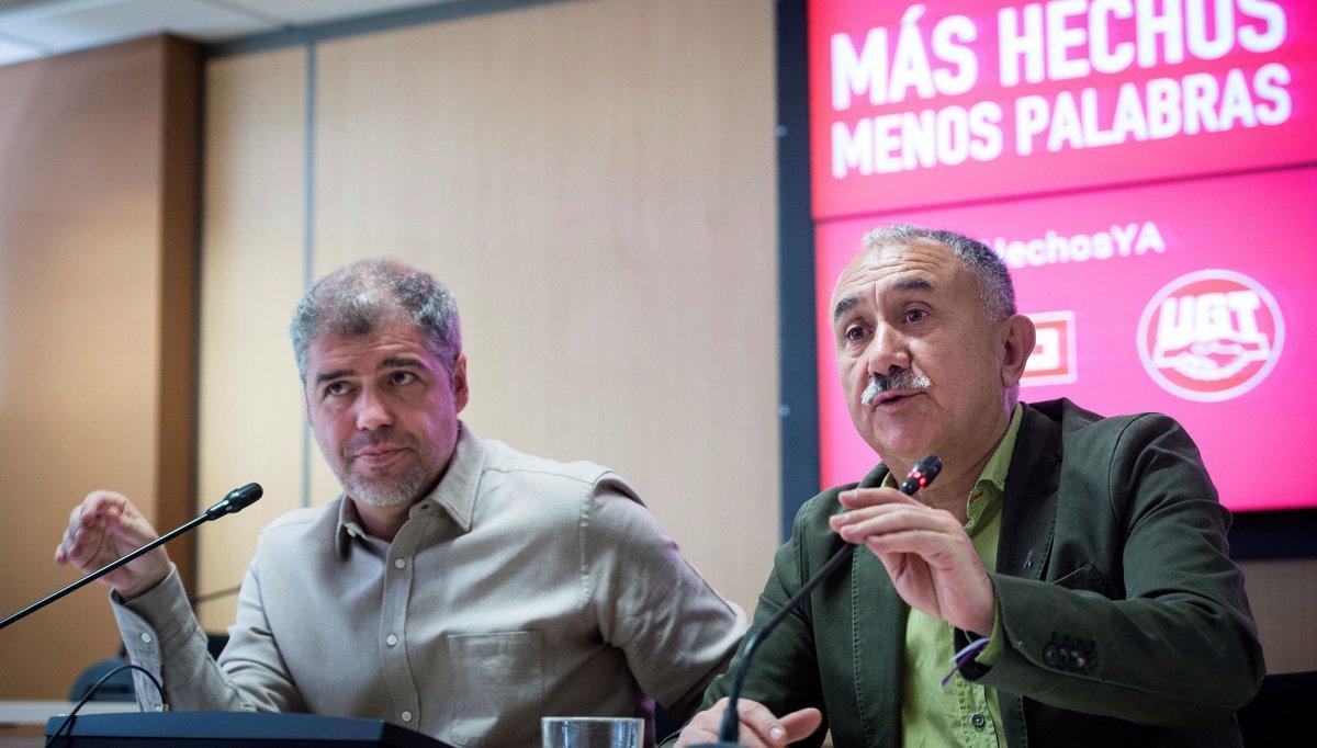 GRAF4242. MADRID (ESPAÑA), 14/03/2019.- Los secretarios generales de CCOO y UGT, Unai Sordo (i) y Pepe Álvarez, hacen balance, este jueves en Madrid, de la gestión del Gobierno y del diálogo social, una vez descartada la modificación de la reforma laboral del PP por la falta de consenso político. EFE/Luca Piergiovanni