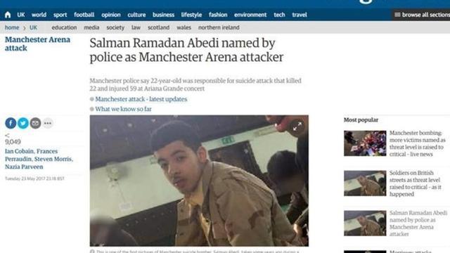 Captura de pantalla del diario britanico The Guardian en el que se ve una fotografia del autor del atentado de Manchester Salman Ramadan Abedi