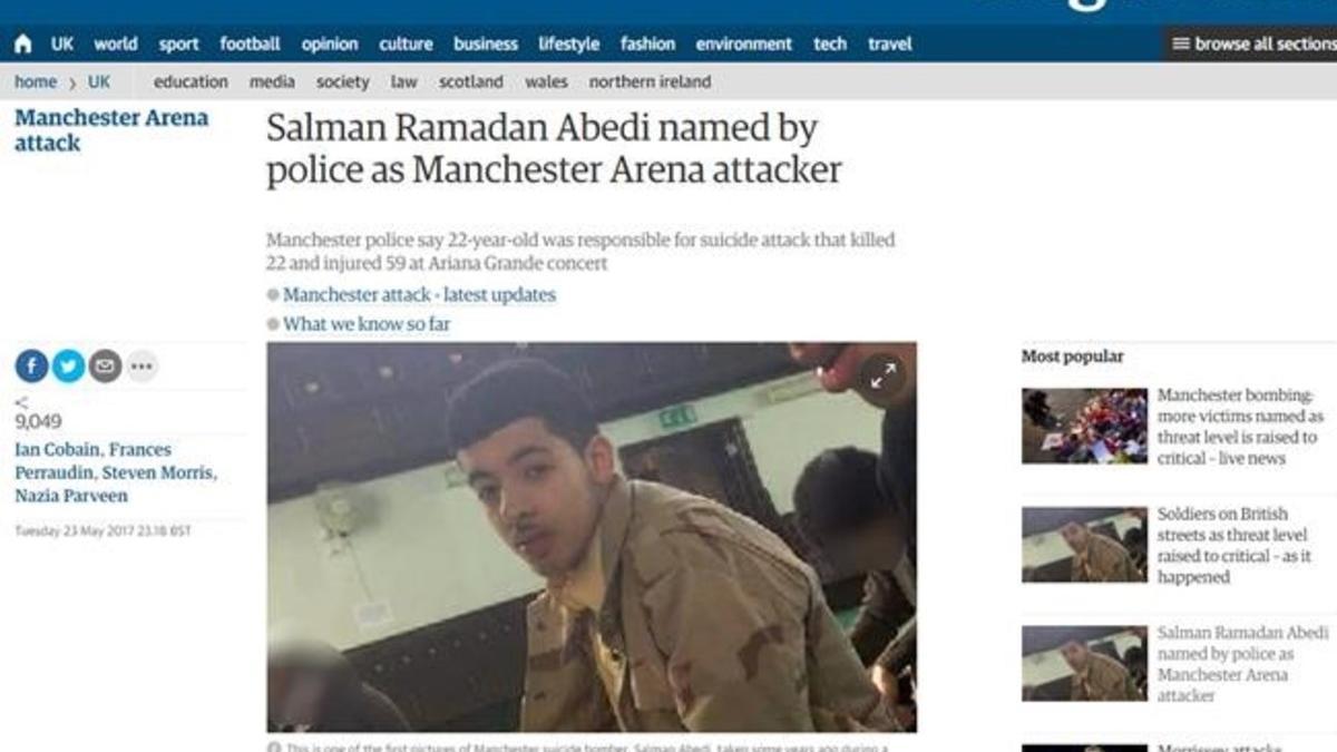 Captura de pantalla del diario britanico The Guardian en el que se ve una fotografia del autor del atentado de Manchester Salman Ramadan Abedi
