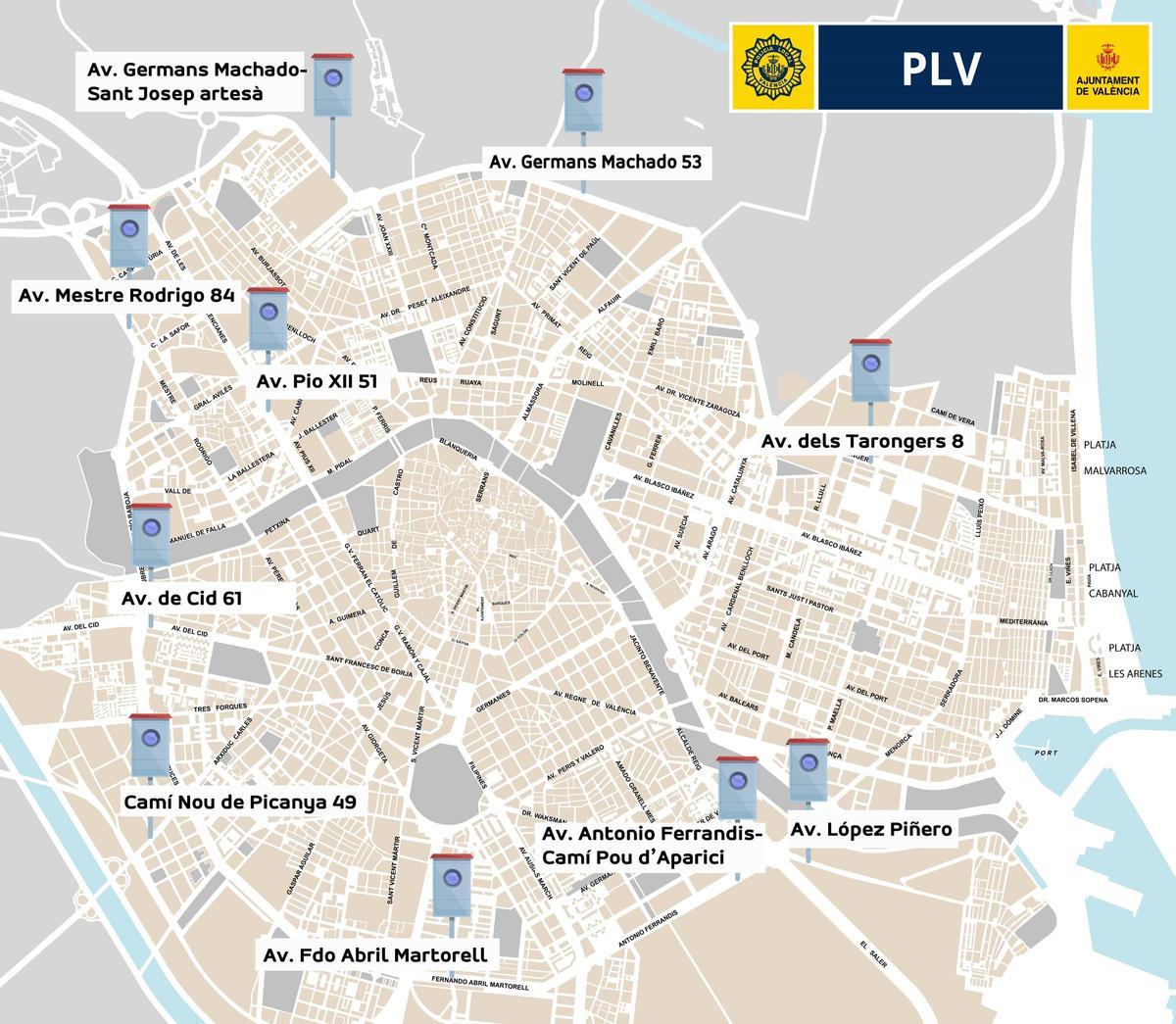 Mapa de los radares colocados en València.