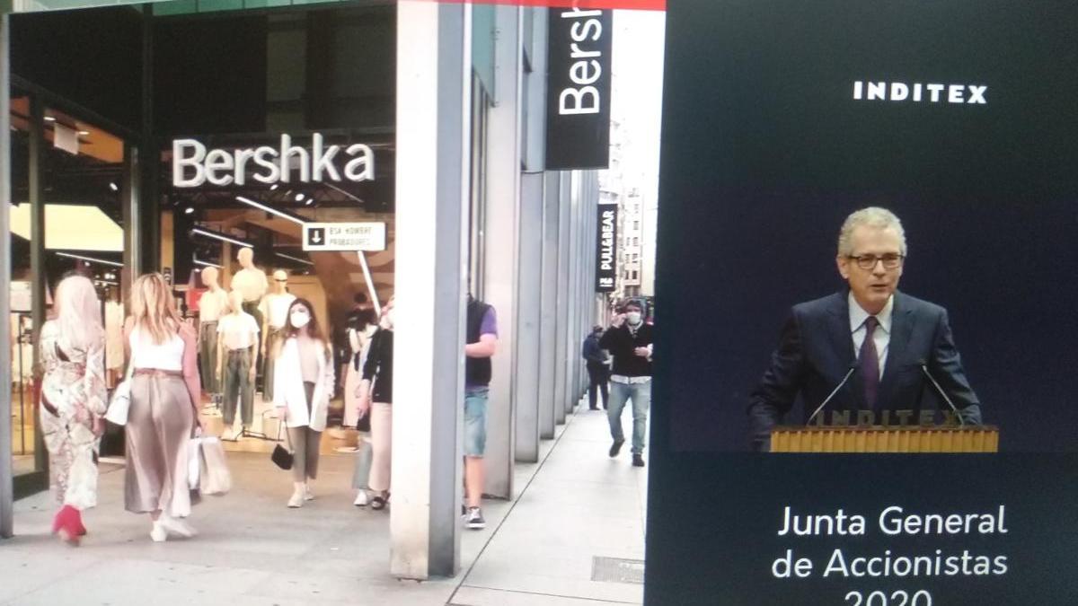 El presidente de Inditex, Pablo Isla, durante la junta telemática de este martes.