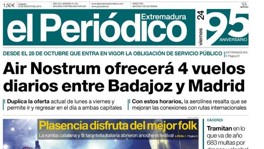 Esta es la portada de EL PERIÓDICO EXTREMADURA correspondiente al día 24 de agosto del 2018