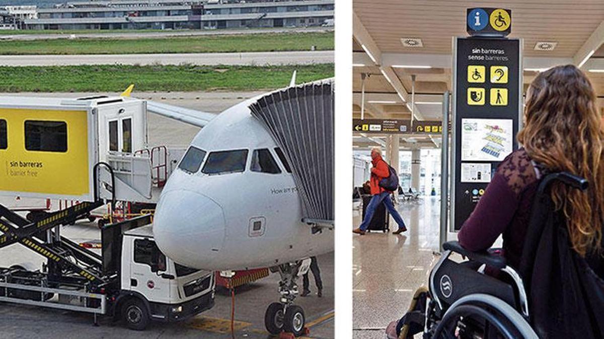 In verschiedenen Situationen helfen die Mitarbeiter des PMR-Dienstes Menschen mit eingeschränkter Mobilität am Flughafen.