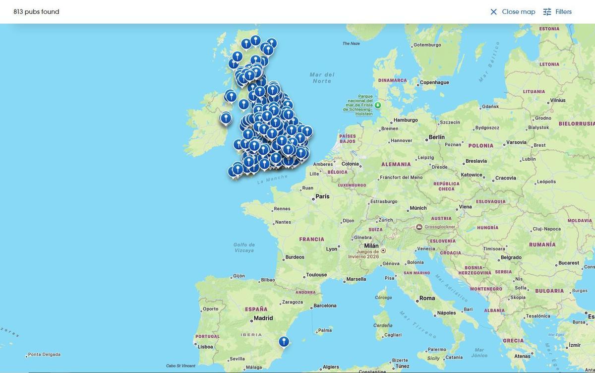Mapa de los más de 800 pubs de Wetherspoon, concentrados en Reino Unido e Irlanda, con Alicante como primera excepción fuera de las islas.