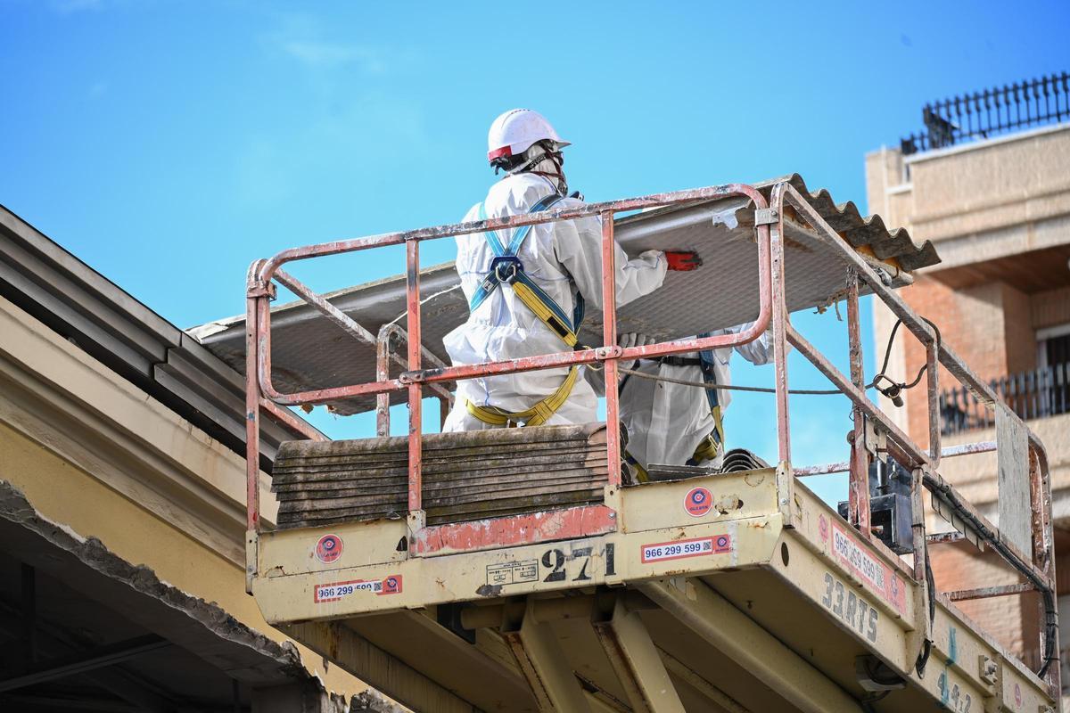Operarios especializados trabajan en la retirada de amianto del Mercado Central de Elche Operarios especializados trabajan en la retirada de amianto del Mercado Central de Elche