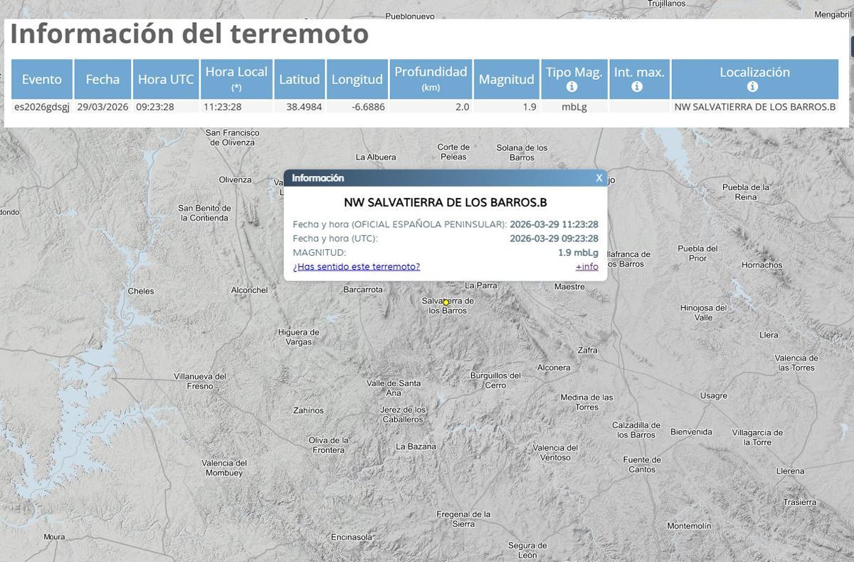Información sobre el terremoto registrado en Salvatierra de los Barros este domingo.