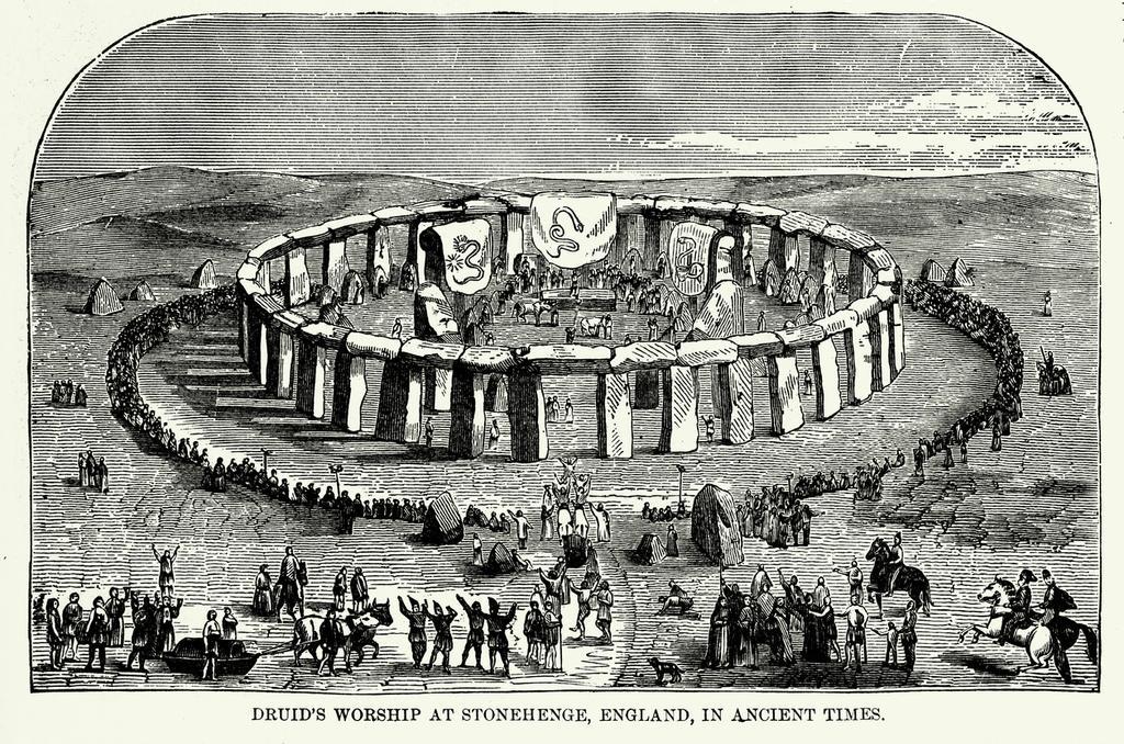 Grabado antiguo: druidas en Stonehenge.
