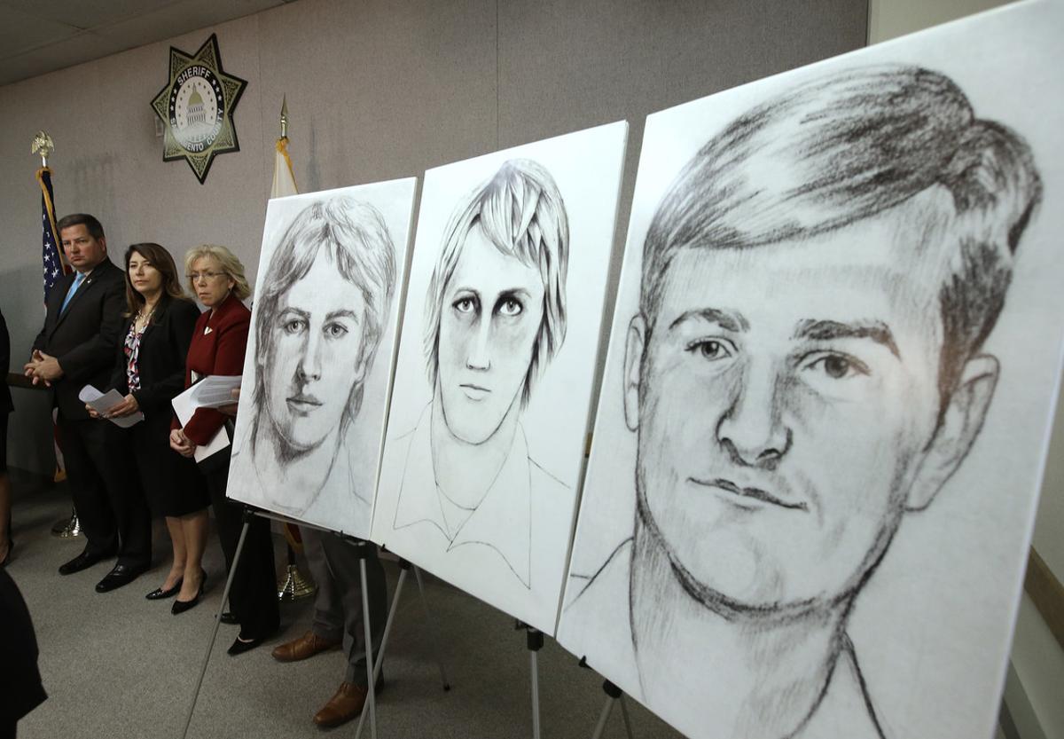 FILE - In this June 15, 2016, file photo, law enforcement drawings of a suspected serial killer believed to have committed at least 12 murders across California in the 1970’s and 1980’s are displayed at a news conference about the investigation, in Sacramento, Calif. The Sacramento County District Attorney’s Office plans to make a ’major announcement Wednesday, April 25, 2018, in the case of the elusive serial killer. (AP Photo/Rich Pedroncelli, File)