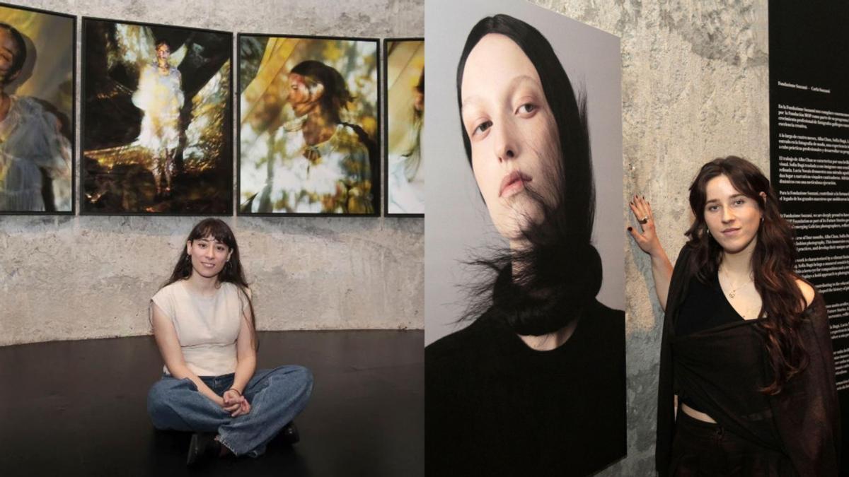 Lucía Novais (izquierda) y Sofía Dagá (derecha) posan con sus obras en el Silo de la Fundación MOP, en A Coruña