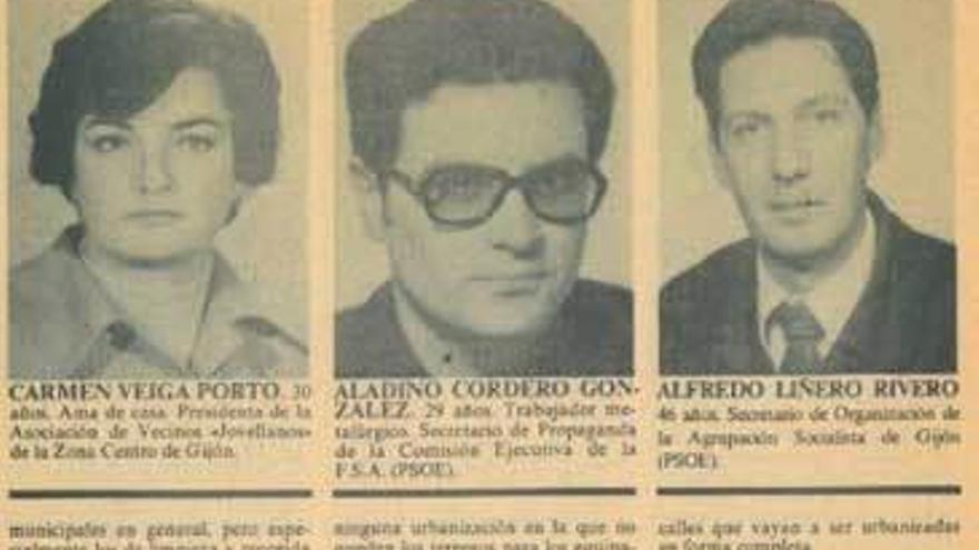 Primero por la derecha en la candidatura del PSOE a las municipales de 1979,con Carmen Veiga y Aladino Cordero.
