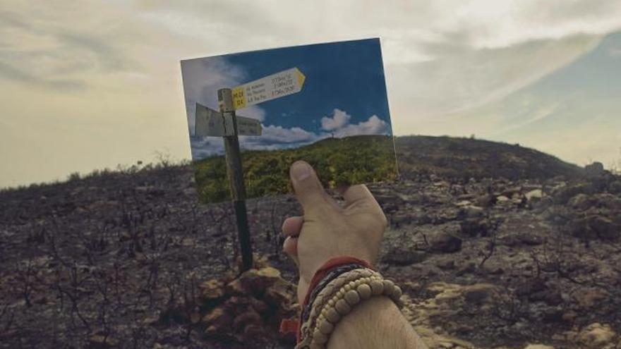 Fotografía tomada por un lector el pasado lunes en Carlet, en la que compara la montaña quemada con una imagen de su estado anterior.