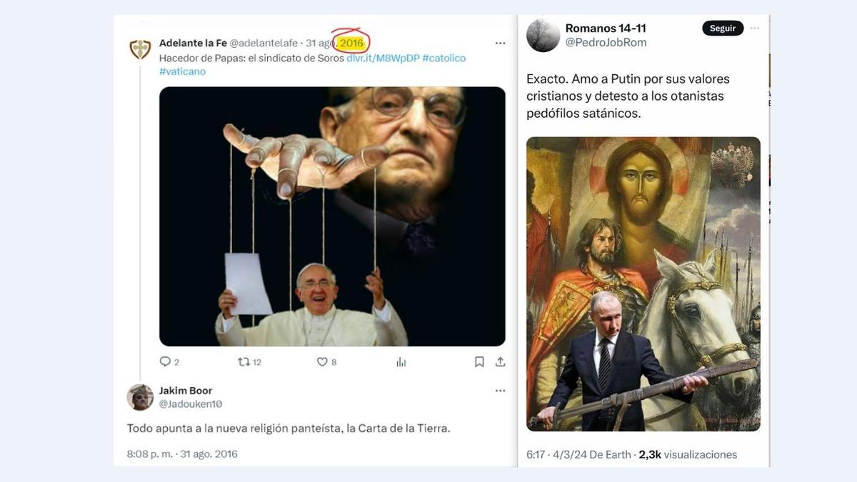 A la izquierda, un tuit contra el papa del digital integrista Adelante la Fe en 2016. A la derecha, un ultra español expresa admiración por un Putin cruzado este mes