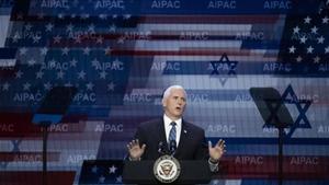 El vicepresidente Mike Pence, durante su intervención ante el AIPAC. 