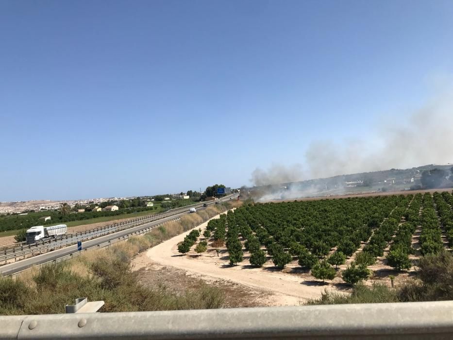 Los bomberos extinguen un incendio de matorral junto a la AP-7