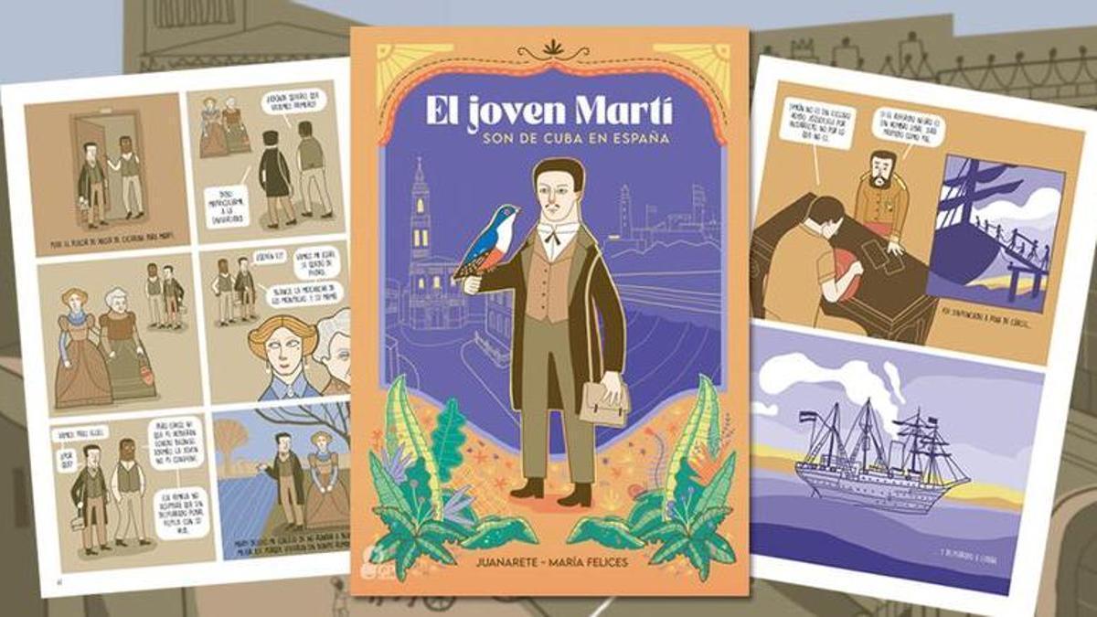 La portada y dos páginas del cómic.
