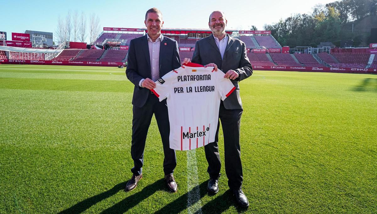 El president del Girona, Delfí Geli, i el president de Plataforma per la Llengua, Òscar Escuder