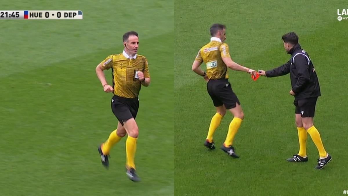 González Esteban olvida las tarjetas en pleno Huesca-Deportivo en El Alcoraz