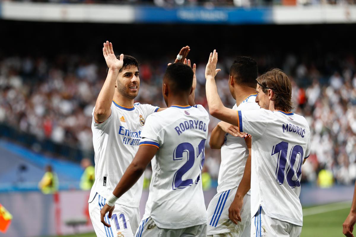 Marco Asensio of Real Madrid celebrates a goal during the spanish league, La Liga Santander, football match played between Real Madrid and RCD Espanyol at Santiago Bernabeu stadium on April 30, 2022.