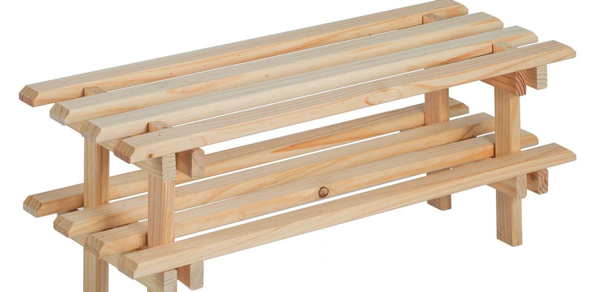 El banco zapatero de Leroy Merlín cuesta 17,99 euros y es de madera de pino