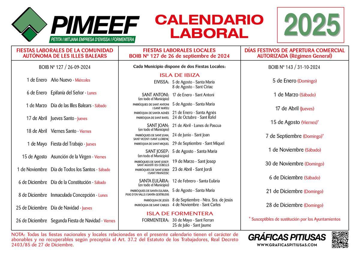 Work Calendar For And Formentera All The 2025 Holidays Diario De News